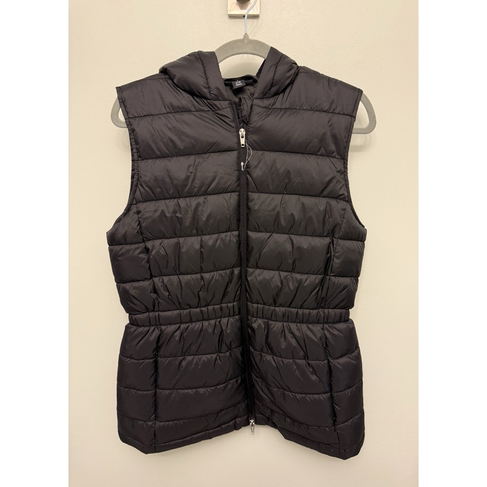 Swiss Tech Long Puffer‎ Vest Women's Size Small Black Hooded Cinched Waist